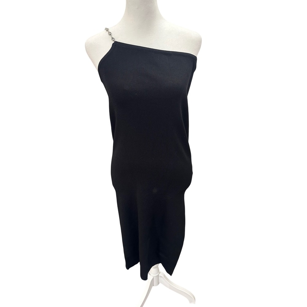 Zara Black Ribbed One Shoulder Bodycon Midi Dress Rhinestone Chain Strap Size L